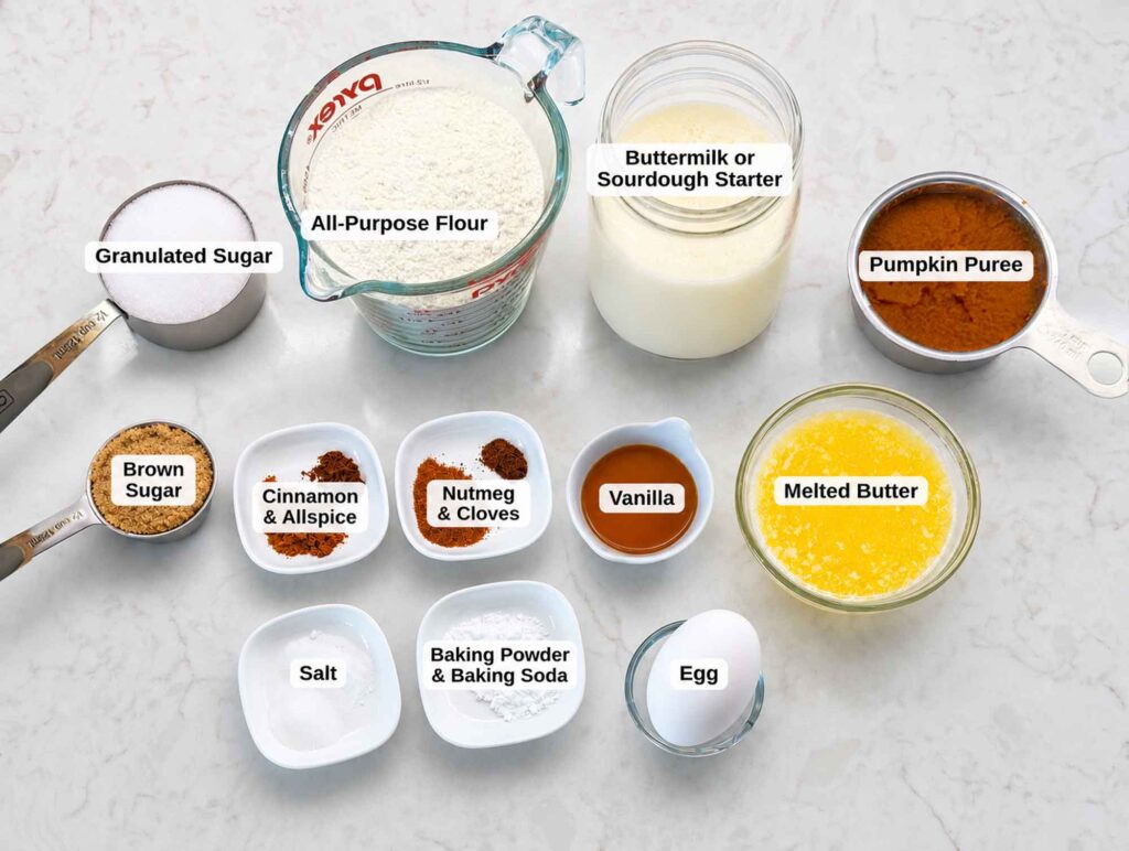 Labeled ingredients for baked pumpkin doughnuts: flour, granulated sugar, brown sugar, buttermilk or sourdough starter, pumpkin puree, spices, melted butter, egg, vanilla, salt, baking powder and baking soda