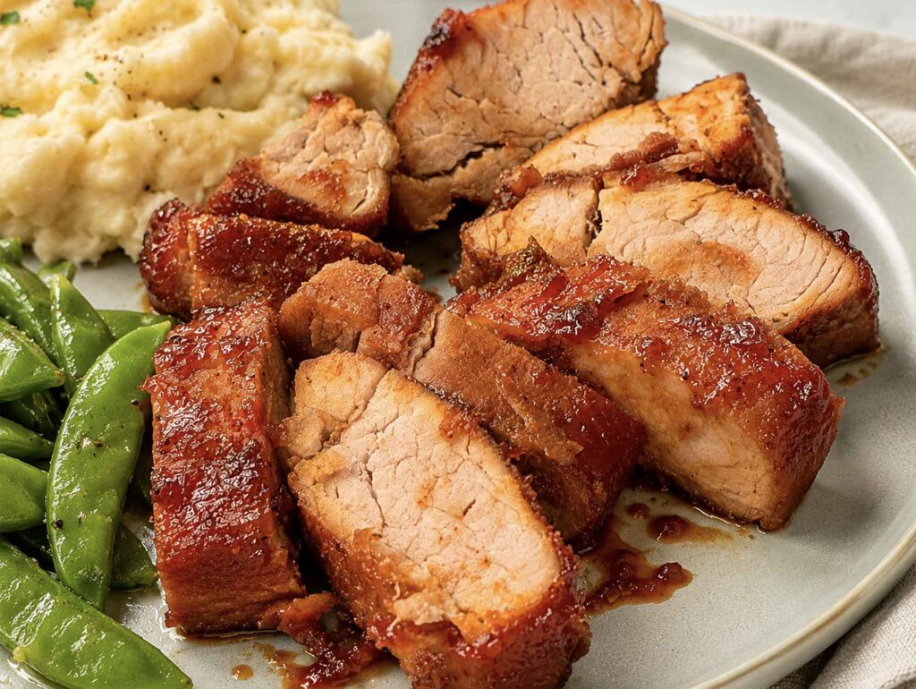 Sliced BBQ pork tenderloin medallions served with snap peas and mashed potatoes