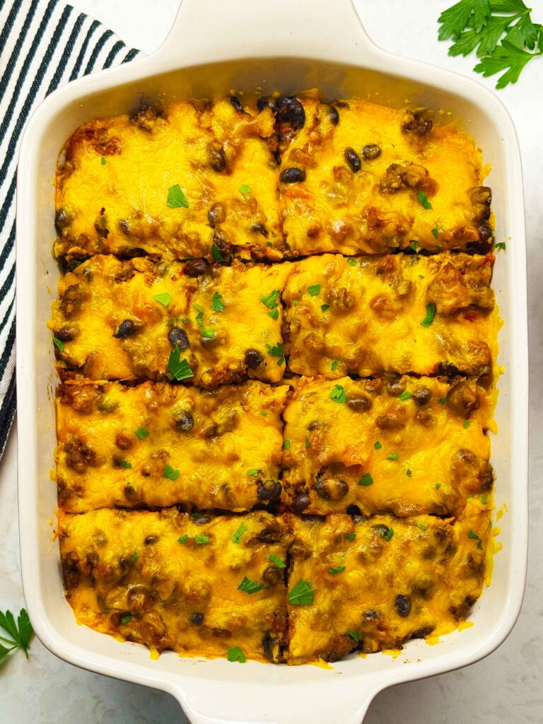 Beef enchilada casserole in baking dish