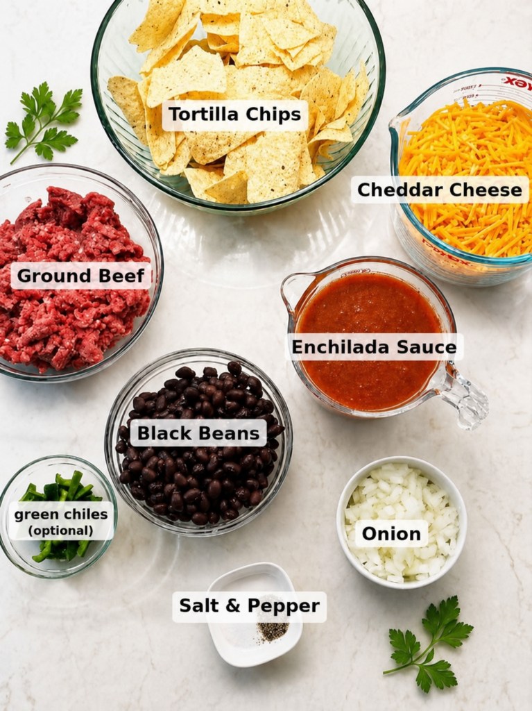 Ingredients for beef enchilada casserole in bowls