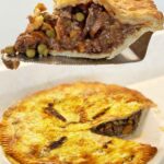 A slice of beef pot pie lifted out on a server, showing beef, peas, and gravy under a flaky crust