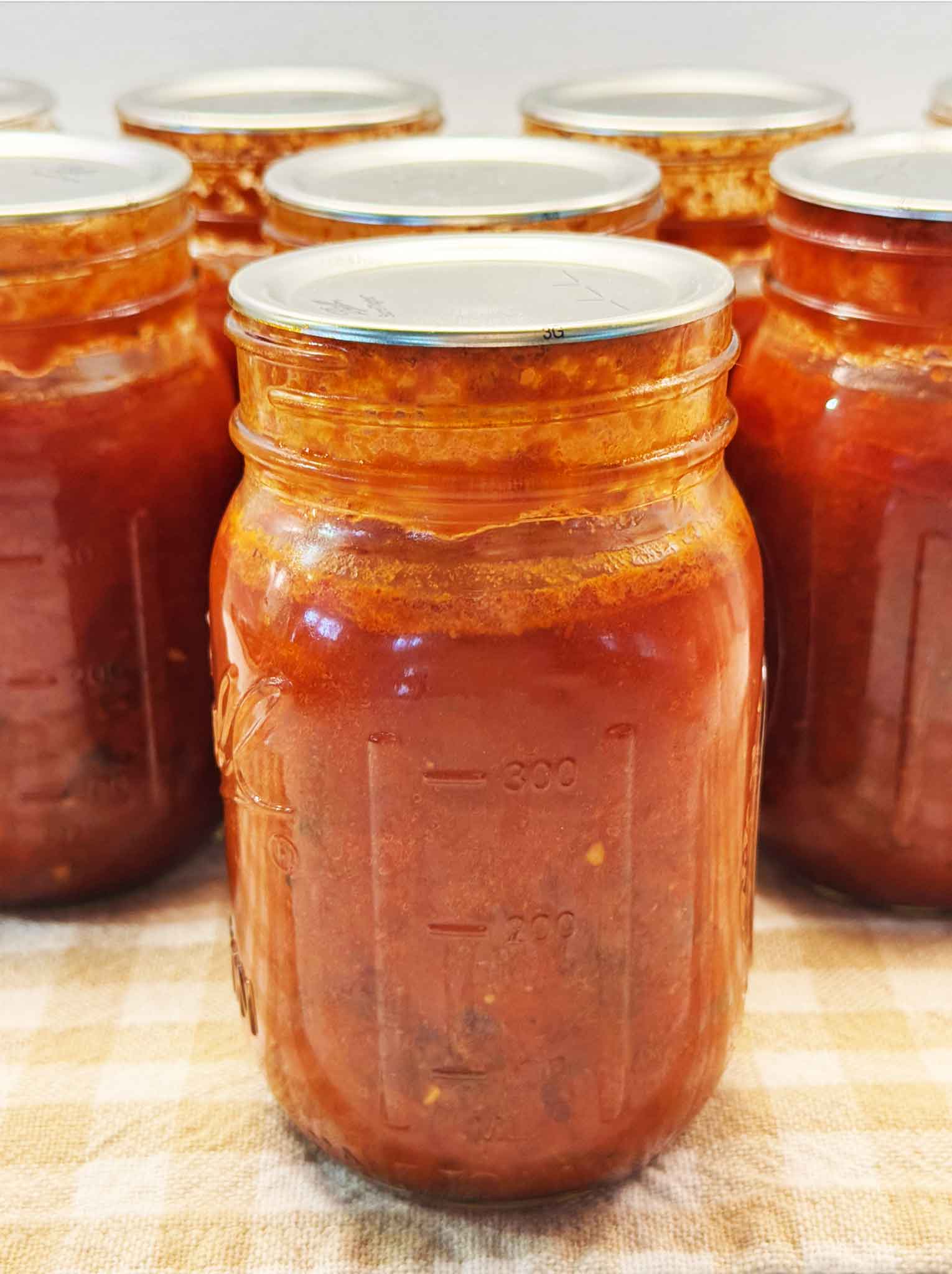 A jar of home-canned spaghetti sauce with meat on a gingham cloth