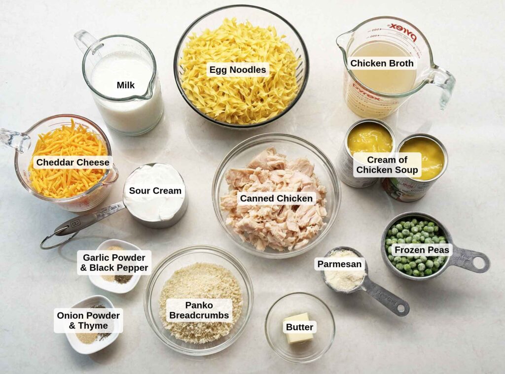 Ingredients to make chicken noodle casserole