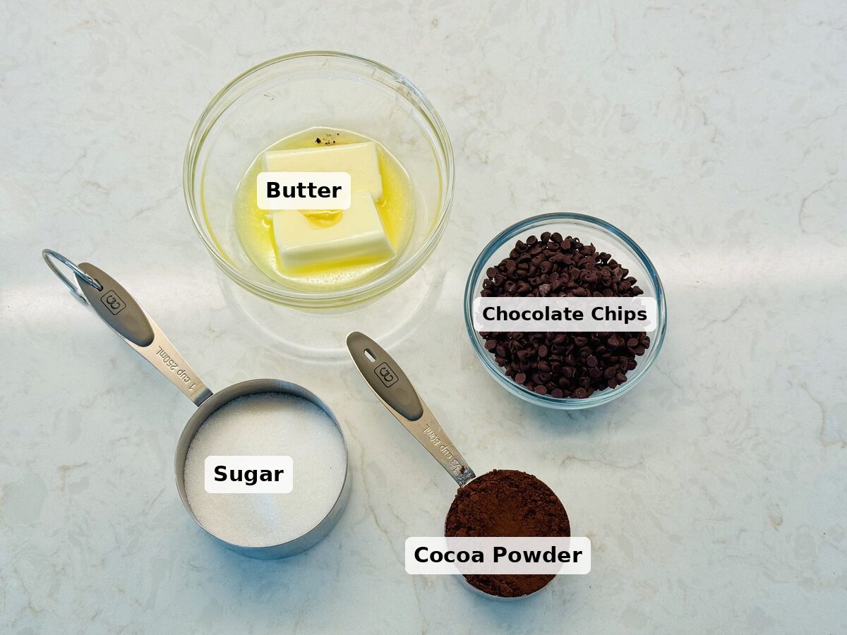 Chocolate babka filling ingredients: cocoa powder, sugar, butter, and semi-sweet chocolate chips