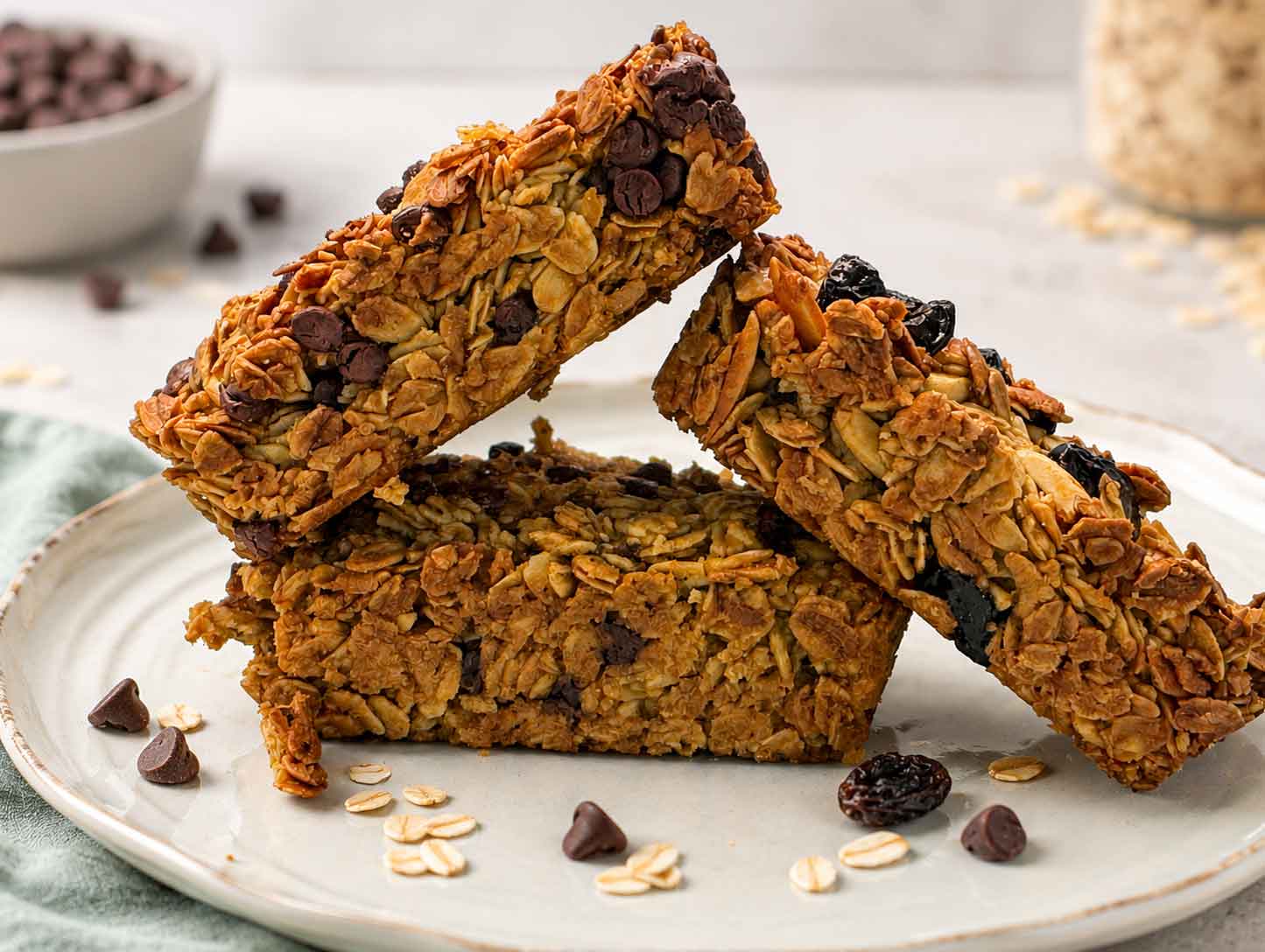A stack of homemade oatmeal breakfast bars on a plate, chocolate chip and cherry-almond, with oats and chocolate chips scattered around.