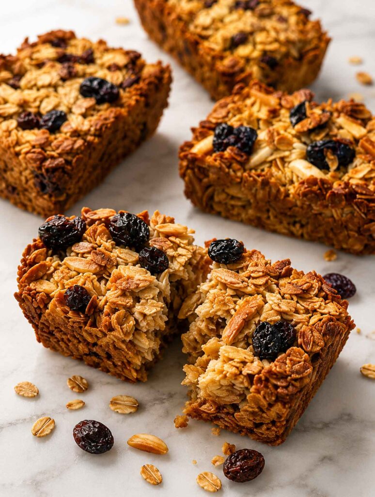 Close-up of cherry-almond oatmeal breakfast bars on a marble surface, one cut in half to show the chewy oat interior.