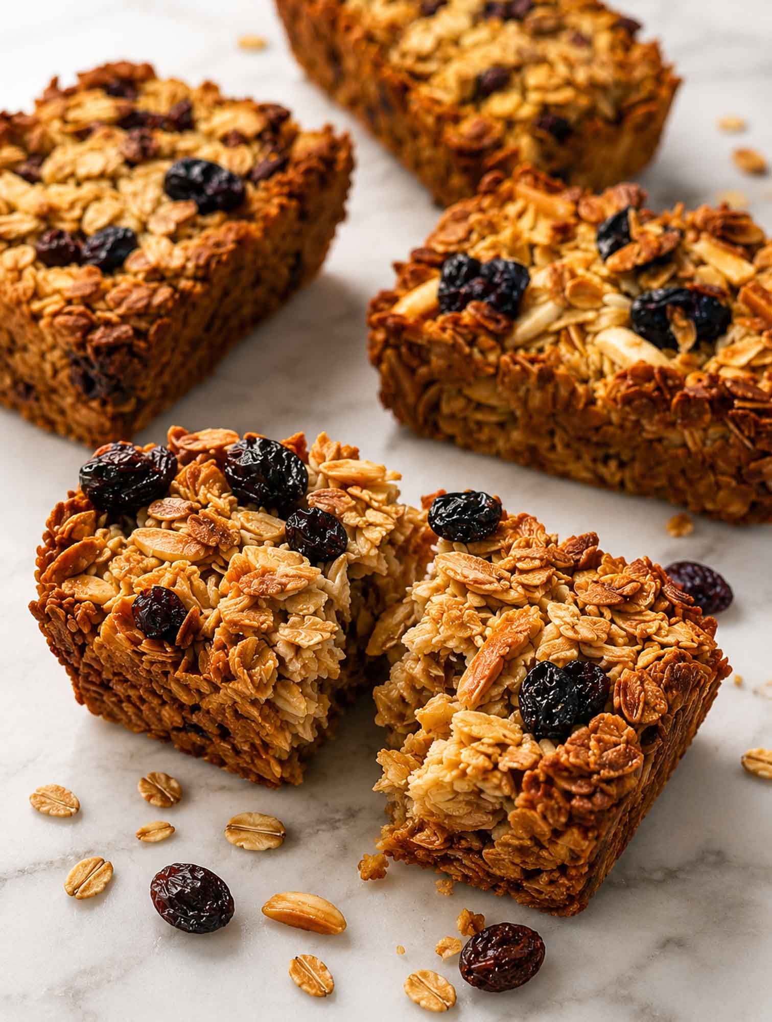 Close-up of cherry-almond oatmeal breakfast bars on a marble surface, one cut in half to show the chewy oat interior.