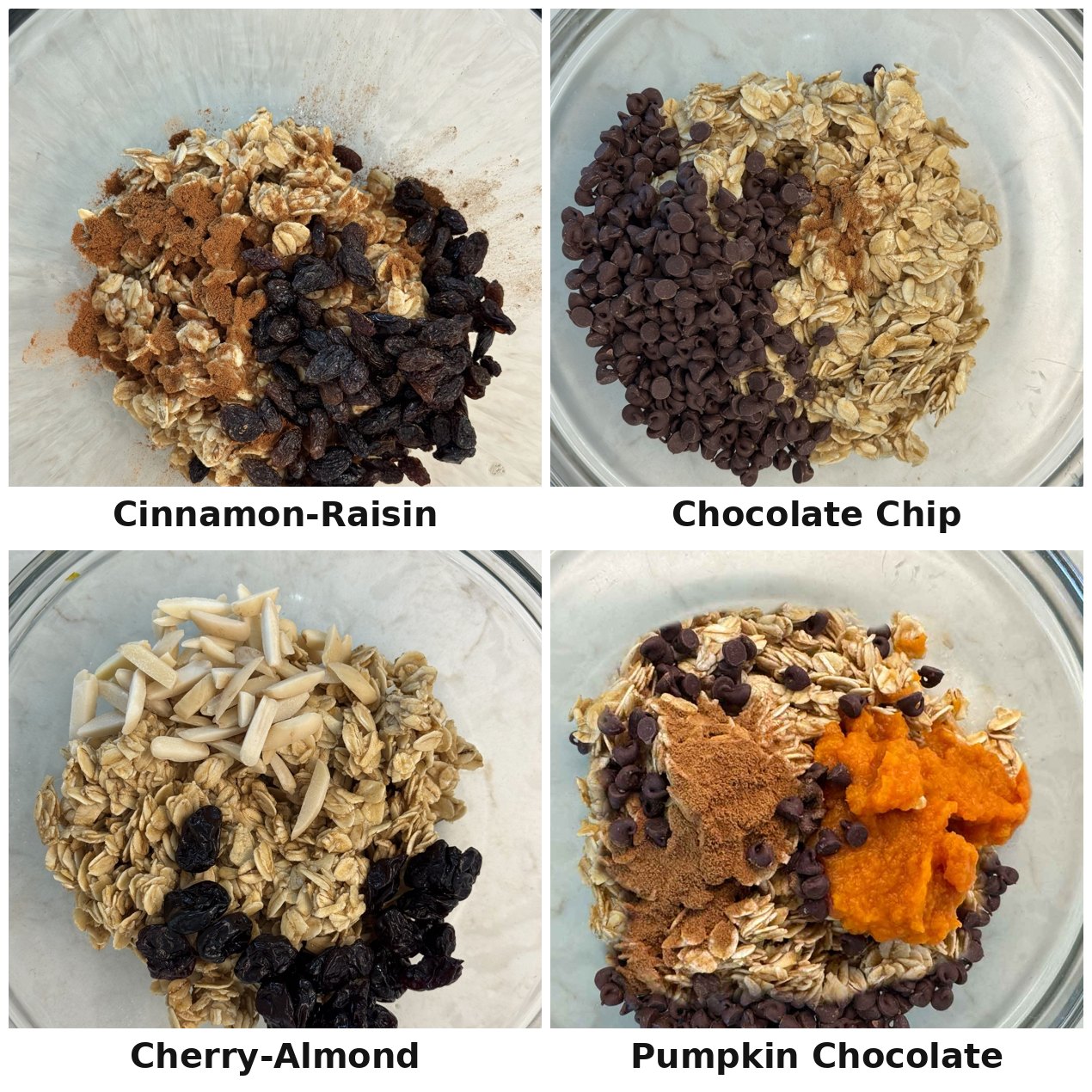 Four bowls of oatmeal bar mixture with different add-ins: cinnamon-raisin, chocolate chip, cherry-almond, and pumpkin chocolate.