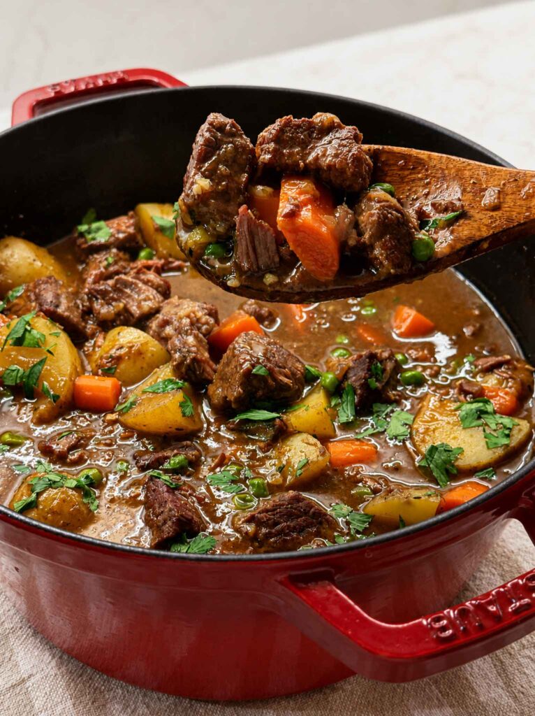 Serving beef stew from a big red pot