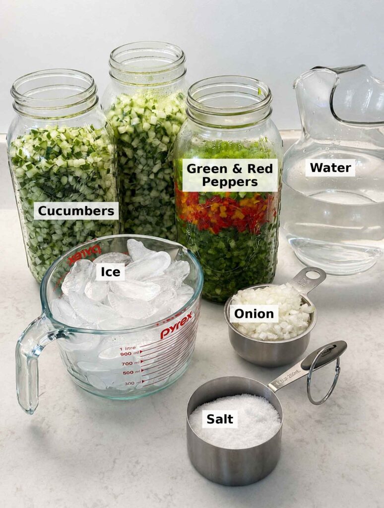 Labeled ingredients for sweet pickle relish: cucumbers, green and red peppers, onion, salt, ice, and water