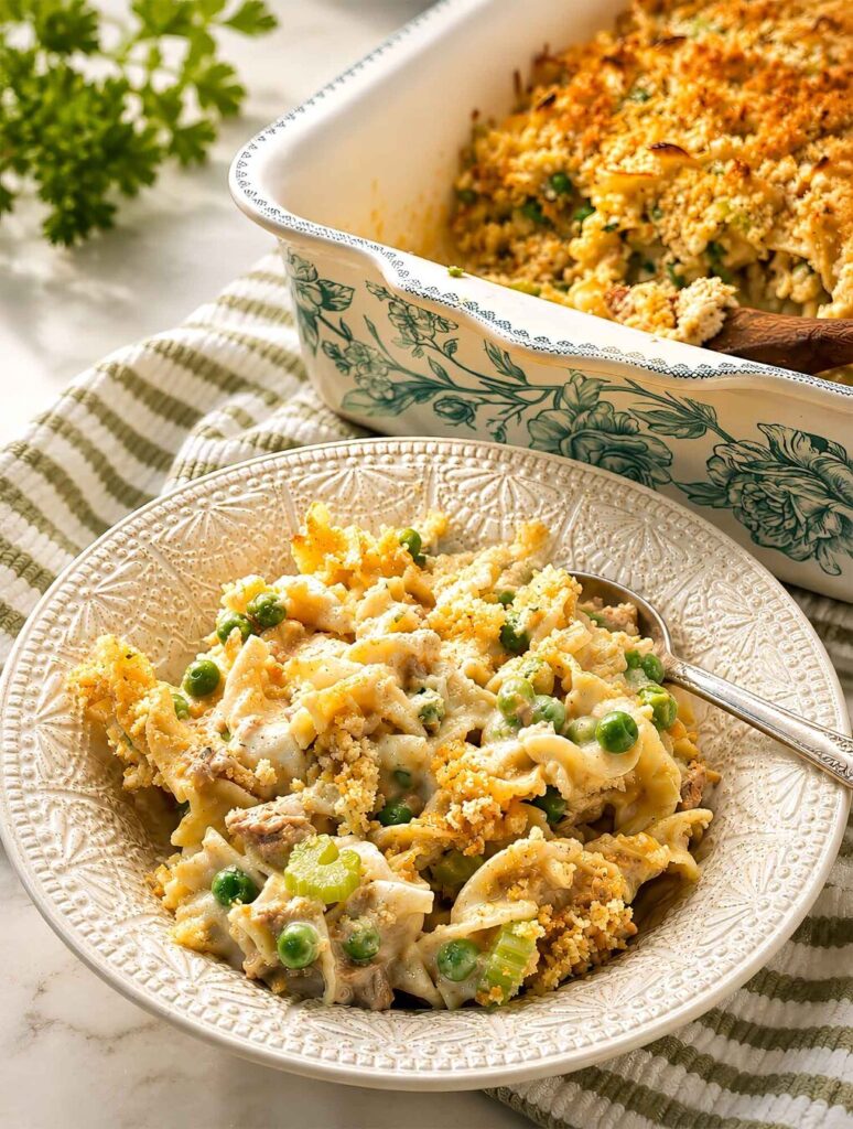 A bowl of creamy tuna noodle casserole with peas, served in front of the baking dish