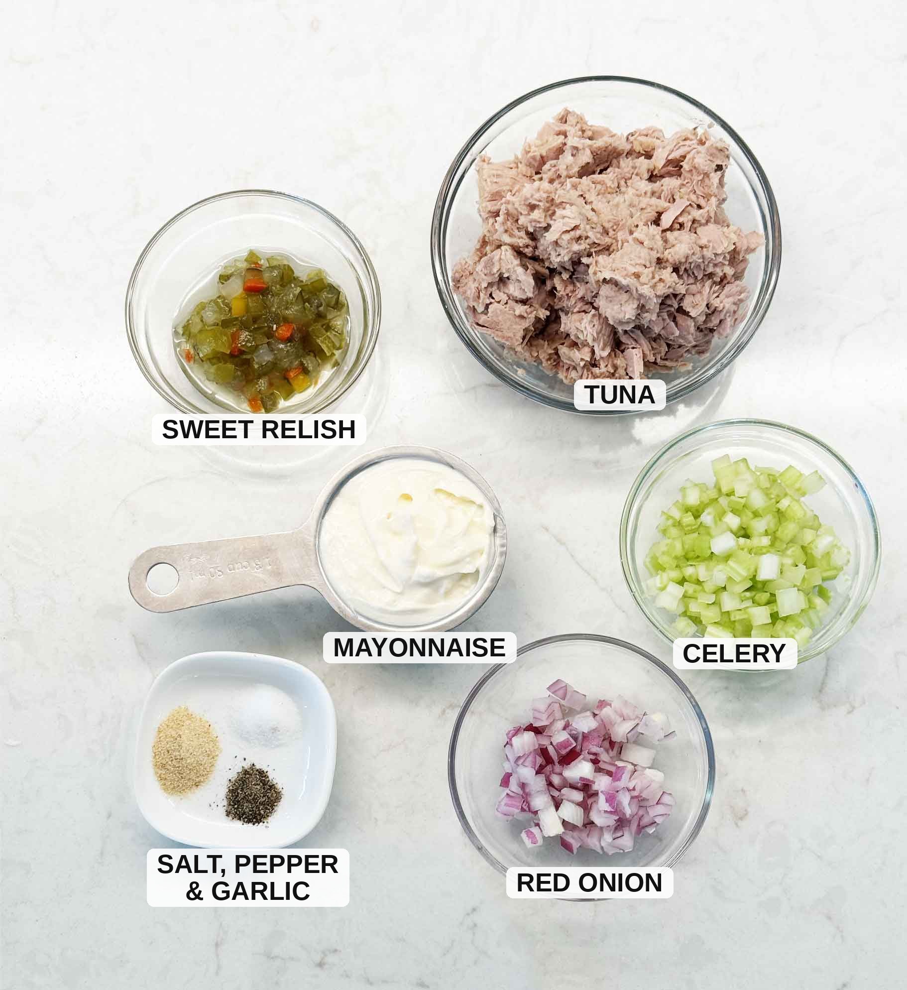 Labeled tuna salad ingredients: tuna, sweet relish, mayonnaise, celery, red onion, salt, pepper, and garlic