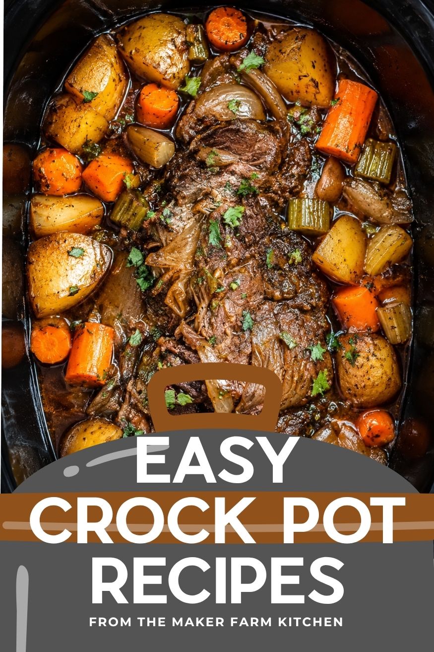 Crock pot pot roast with tender beef, potatoes, and carrots in rich gravy