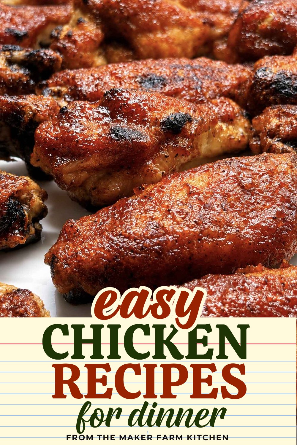Sticky glazed baked BBQ chicken wings piled on a white platter