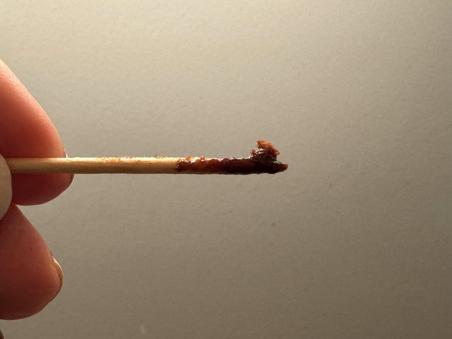 A toothpick with moist, sticky brownie crumbs and a fudgy smear near the tip