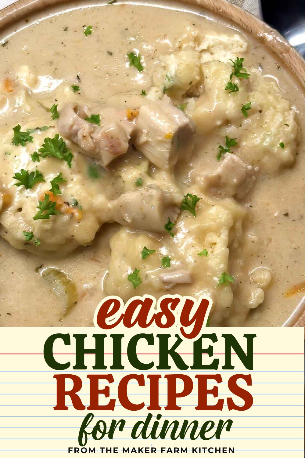 A bowl of chicken and dumplings with soft sour cream drop dumplings in a creamy stew