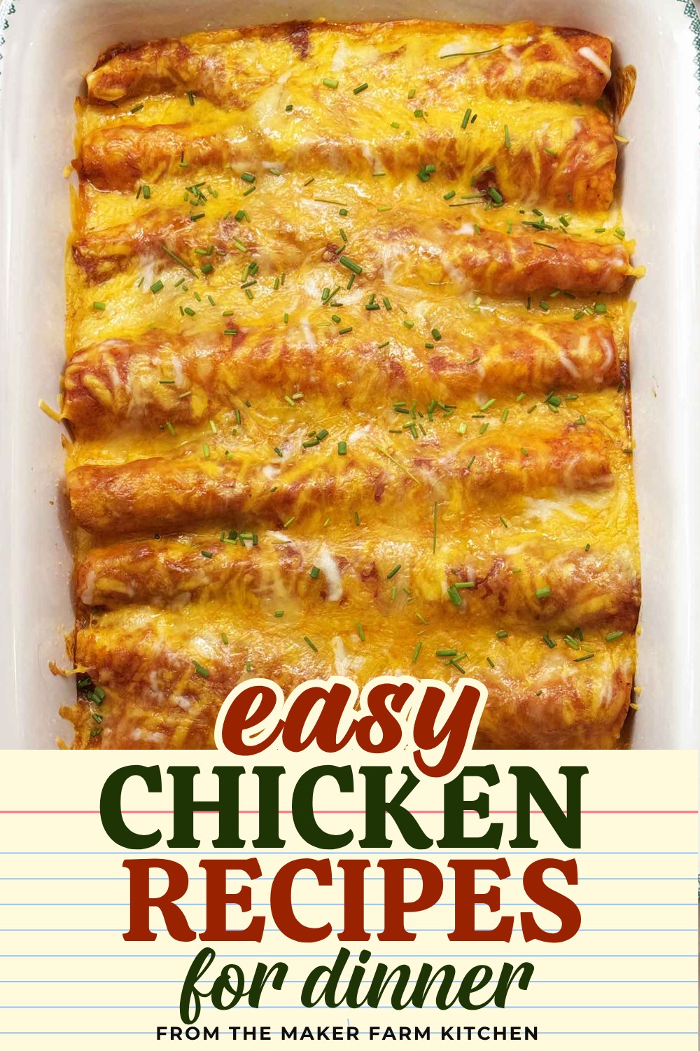 Easy chicken enchiladas covered in melted cheese in a white baking dish