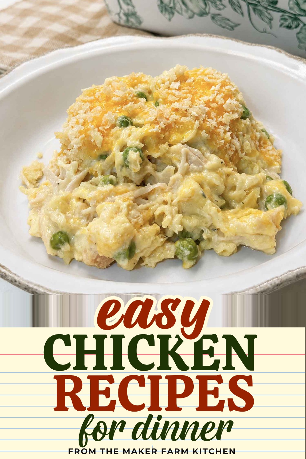 A bowl of creamy chicken noodle casserole with peas and a golden cheddar panko topping