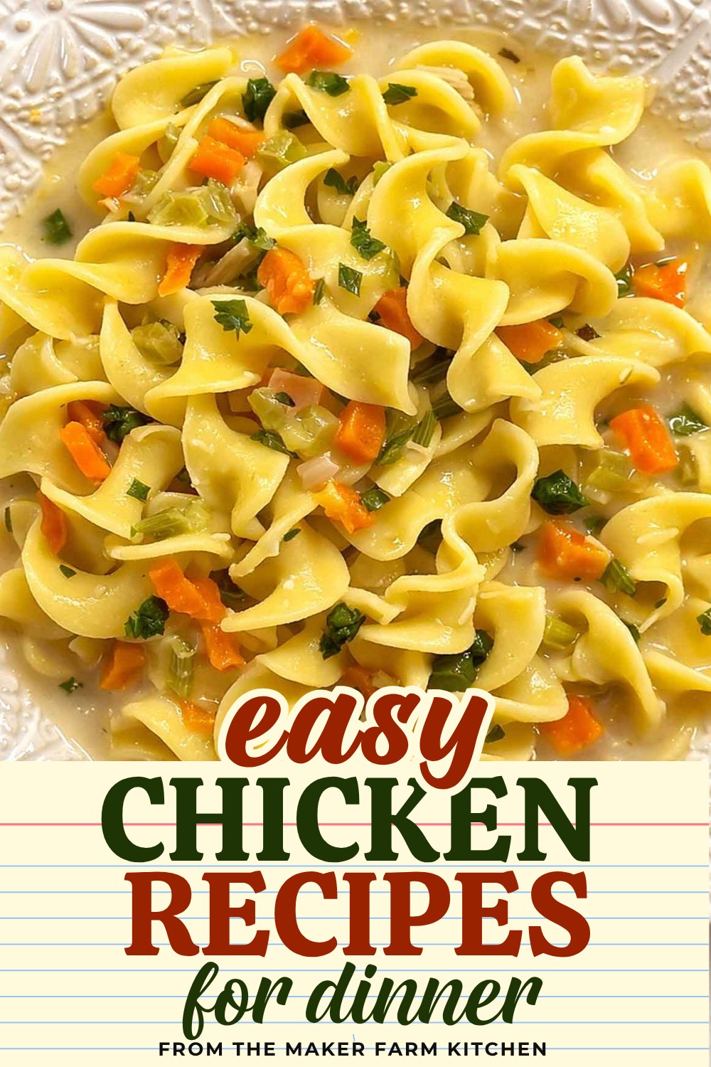 Creamy chicken noodle soup made from a homemade pantry jar mix in a white bowl