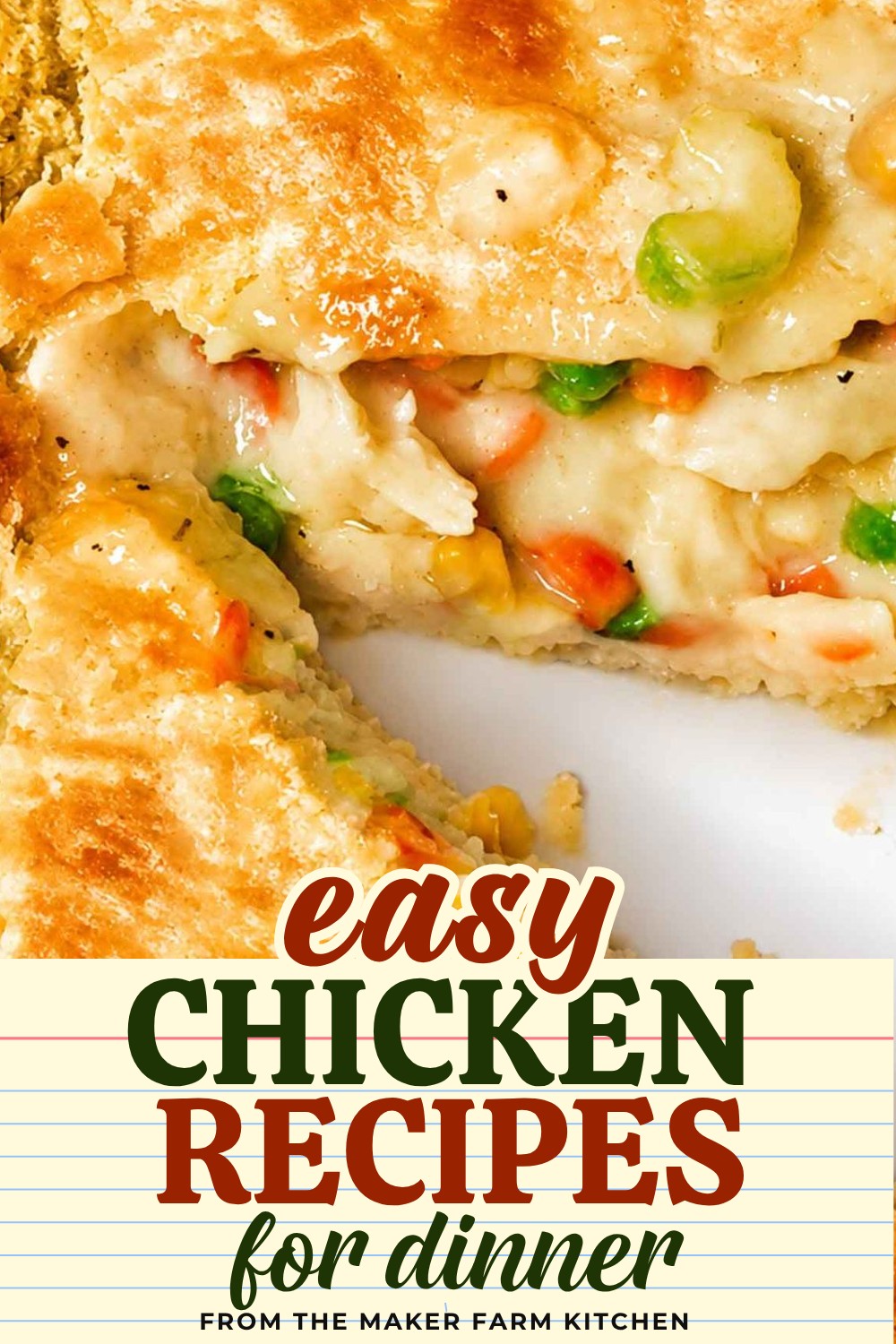 Homemade double-crust chicken pot pie with a golden flaky crust and a slice taken out