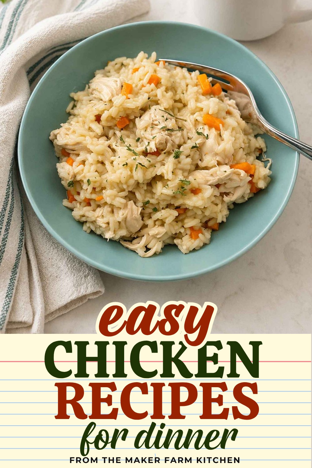Feel-better chicken and rice in a blue bowl with a mug of tea
