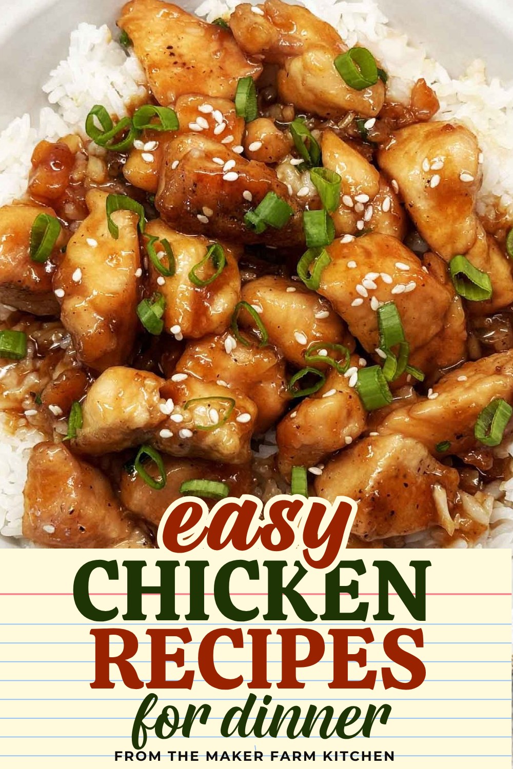 Easy honey garlic chicken over rice in a white bowl