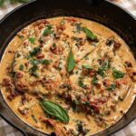 Two chicken breasts in creamy sun-dried tomato and Parmesan sauce in a cast iron skillet, topped with torn fresh basil