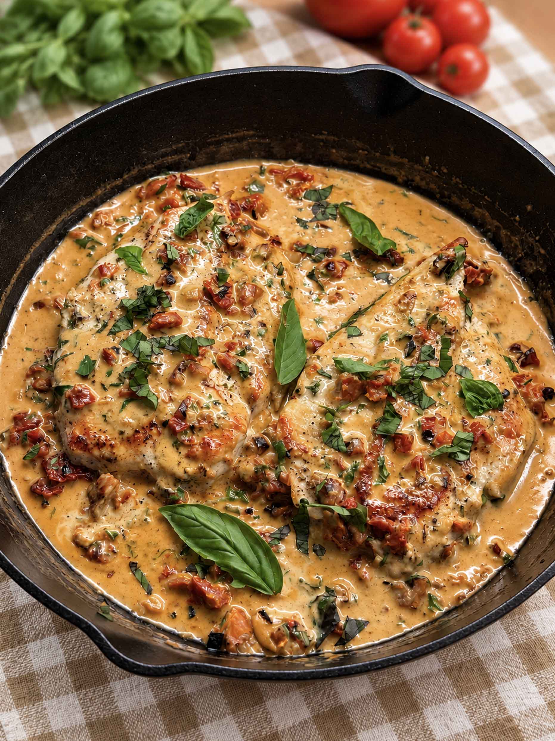 Two chicken breasts in creamy sun-dried tomato and Parmesan sauce in a cast iron skillet, topped with torn fresh basil