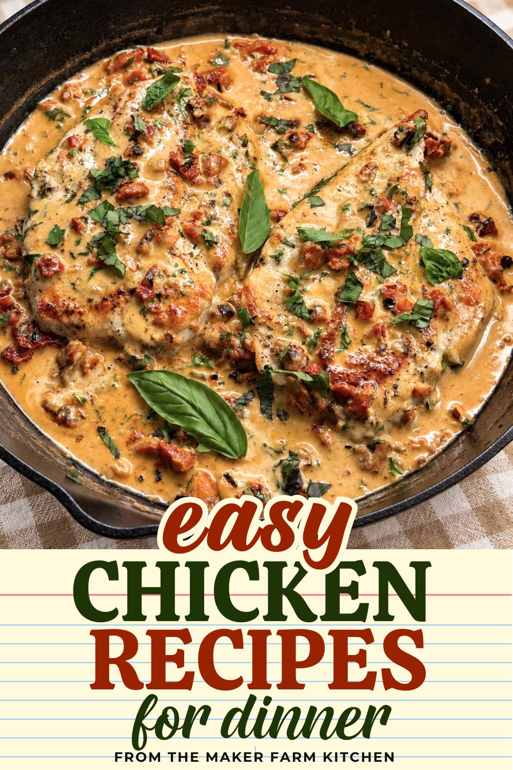 Marry Me Chicken breasts in a creamy sun-dried tomato and Parmesan sauce in a cast iron skillet