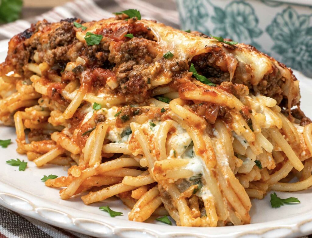 Close-up of a serving of million dollar spaghetti showing the creamy white cottage cheese layer running through the buttered spaghetti under the meat sauce.