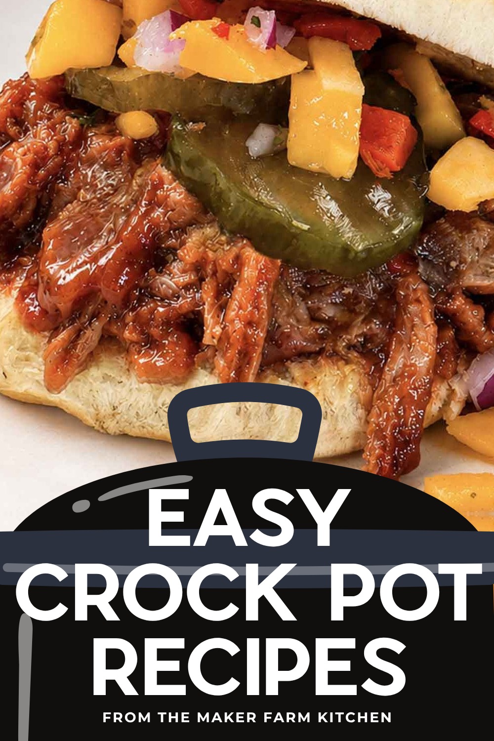 Crock pot pulled pork piled on a slider bun
