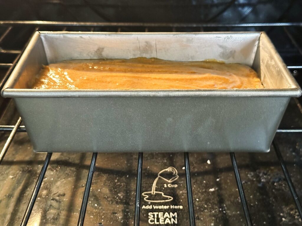 Pumpkin bread batter smoothed into a loaf pan on an oven rack before baking