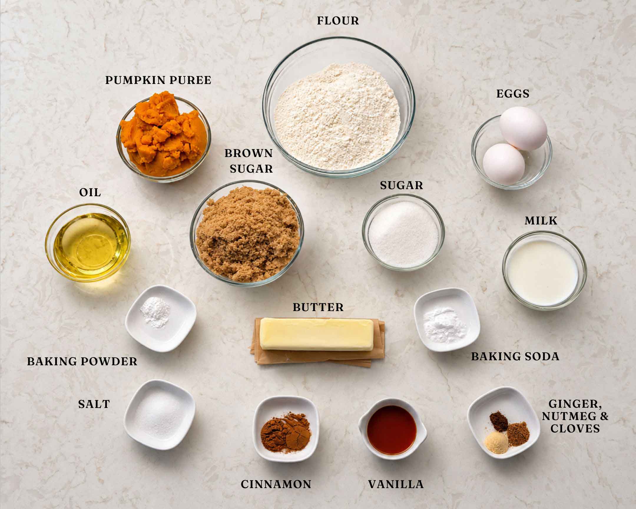 Labeled ingredients for pumpkin bread including pumpkin puree, flour, eggs, oil, brown sugar, granulated sugar, milk, butter, and spices
