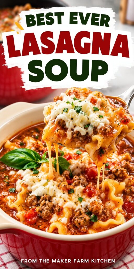 Best Ever Lasagna Soup image with big bowl of lasagna soup and a spoonful with melty cheese