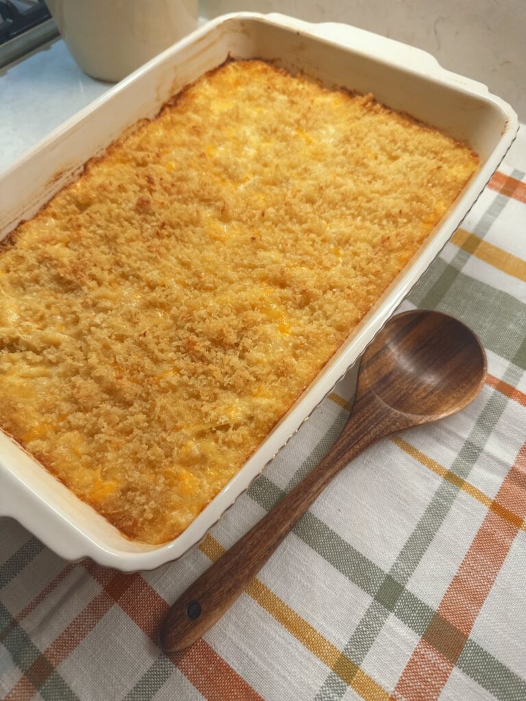 Baked mac and cheese on the counter after baking