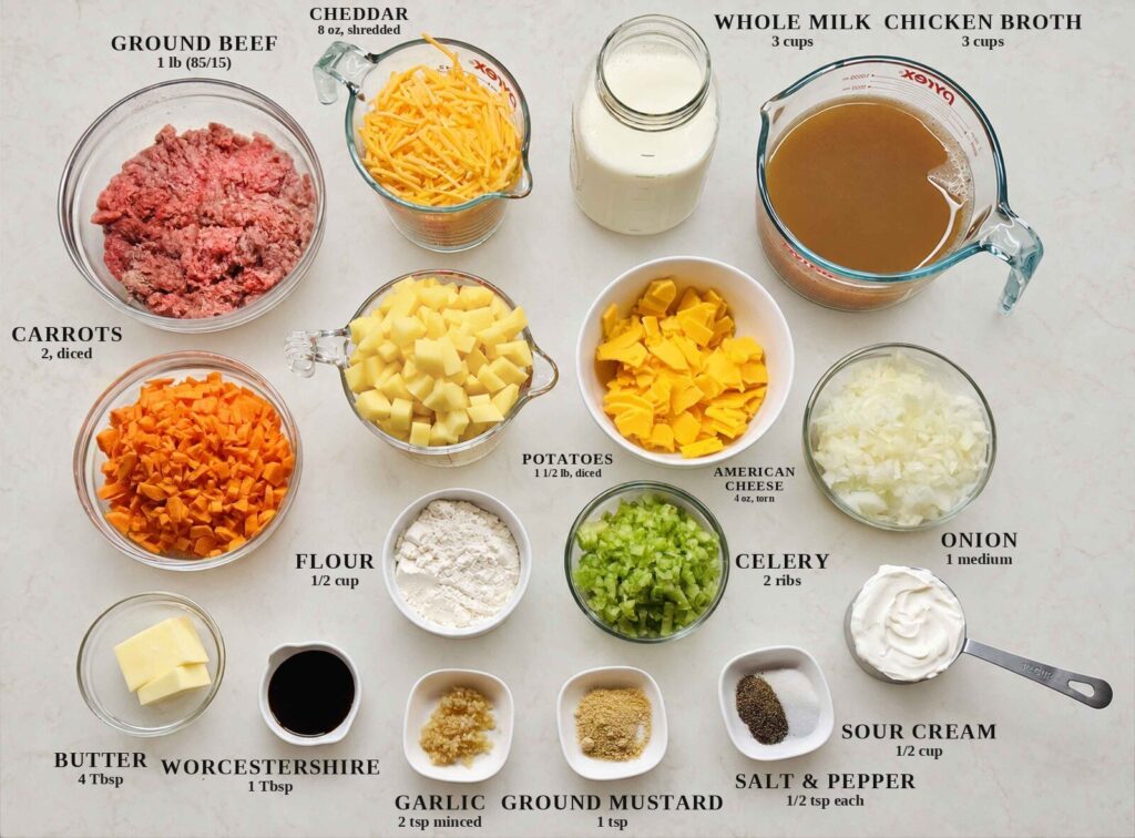 Labeled ingredients for cheeseburger soup: ground beef, shredded cheddar, whole milk, chicken broth, diced potatoes, torn American cheese, onion, carrots, flour, celery, sour cream, butter, Worcestershire, garlic, ground mustard, and salt and pepper
