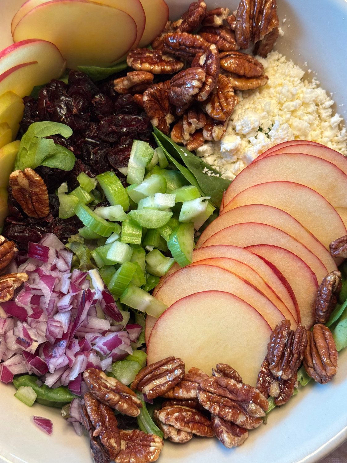 Close-up of a fall harvest salad with thin Honeycrisp apple slices, maple pecans, crumbled feta, dried cranberries, diced celery, and red onion over greens