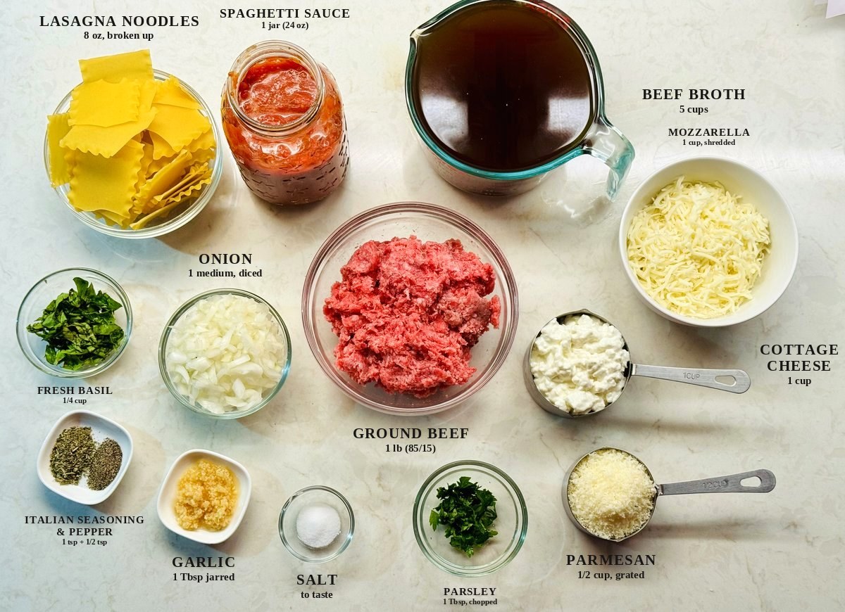 Labeled ingredients for lasagna soup: lasagna noodles, spaghetti sauce, beef broth, mozzarella, fresh basil, onion, ground beef, cottage cheese, Italian seasoning and pepper, garlic, salt, parsley, and parmesan