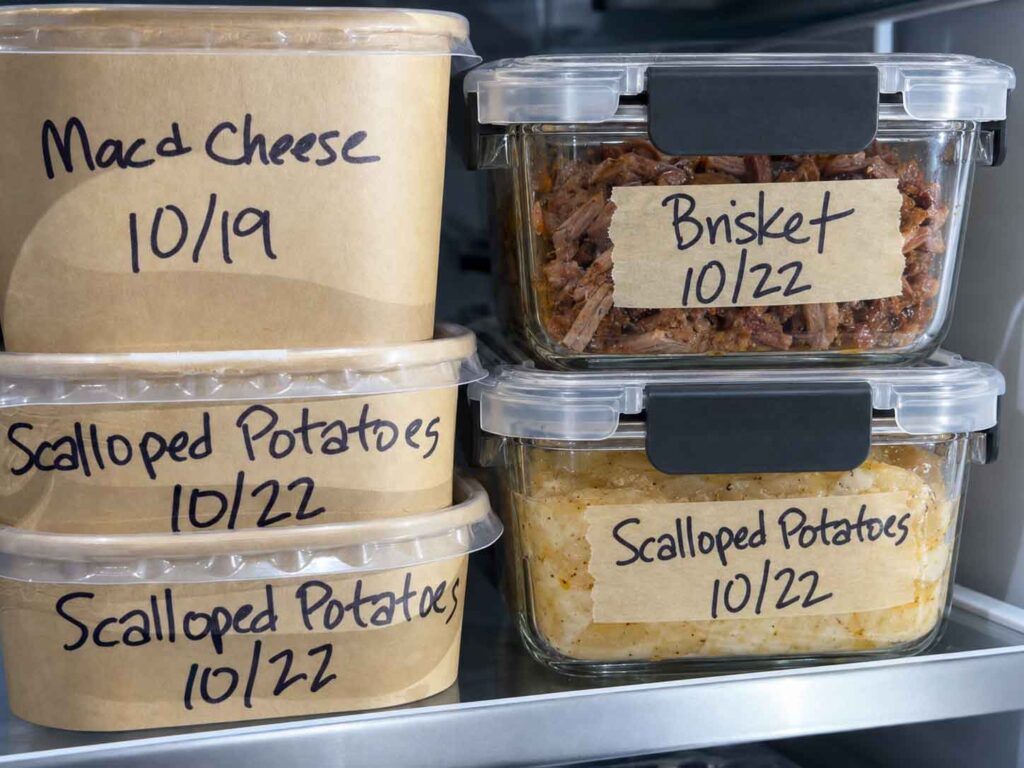 Labelled leftovers in the refrigerator in Kraft paper containers and glass containers