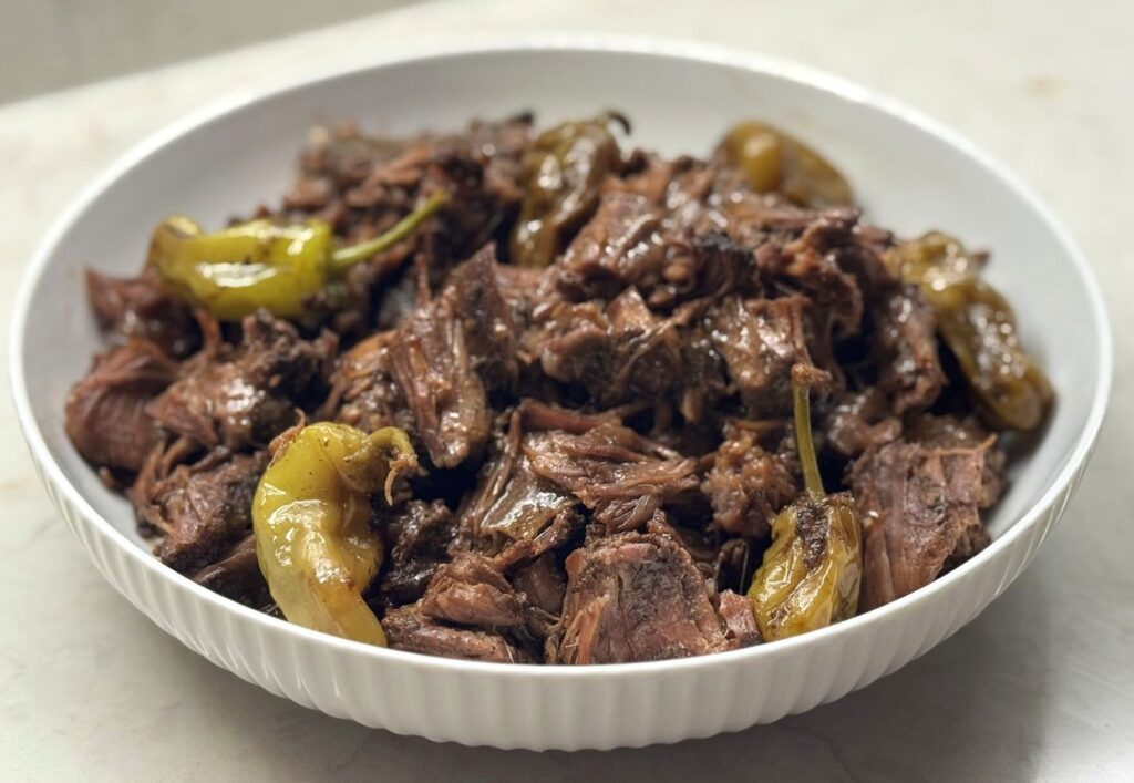 A white bowl of shredded Mississippi pot roast in glossy juices, topped with whole pepperoncini