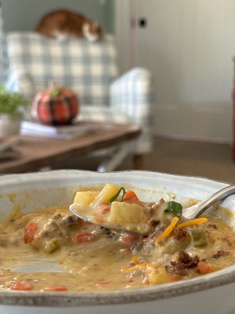 Jennifer's leftover cheeseburger soup in a white bowl on a desk, with a sleeping cat on a chair in the background
