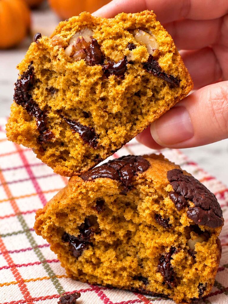A warm pumpkin chocolate chip muffin in halves to see the crumb inside