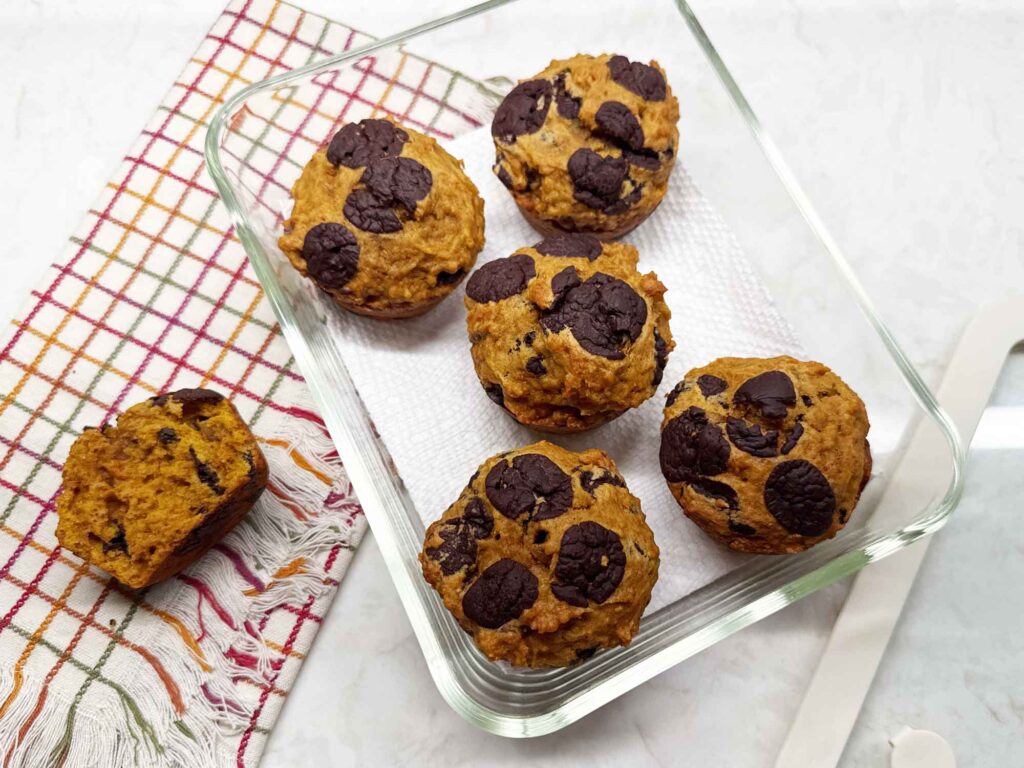 Storing pumpkin chocolate chip muffins in an airtight container with a paper towel under them.