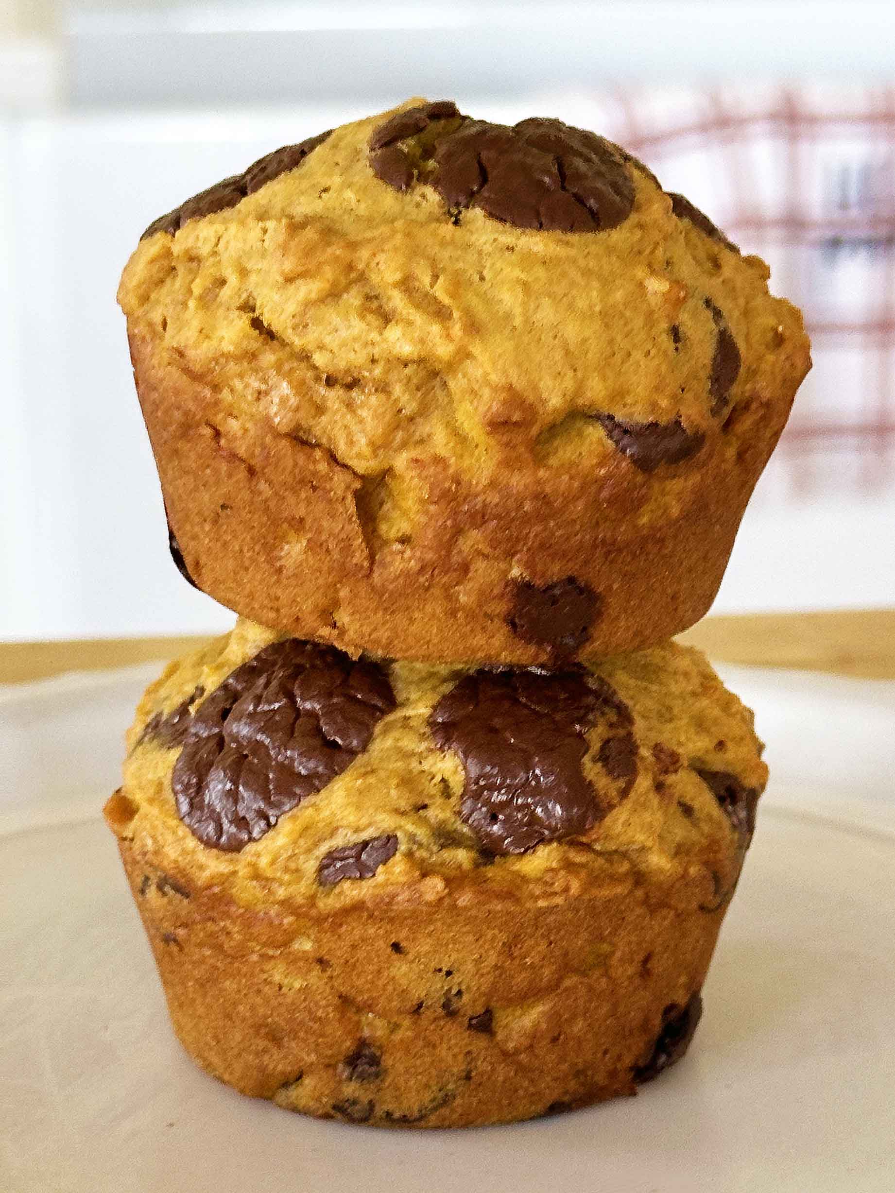 Two pumpkin chocolate chip muffins stacked on a white plate, with melted chocolate on top