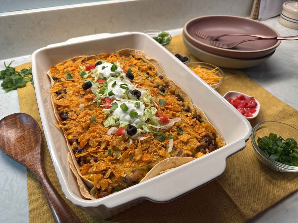 An unedited photo of my taco casserole on my kitchen counter, before dishing it out for dinner.