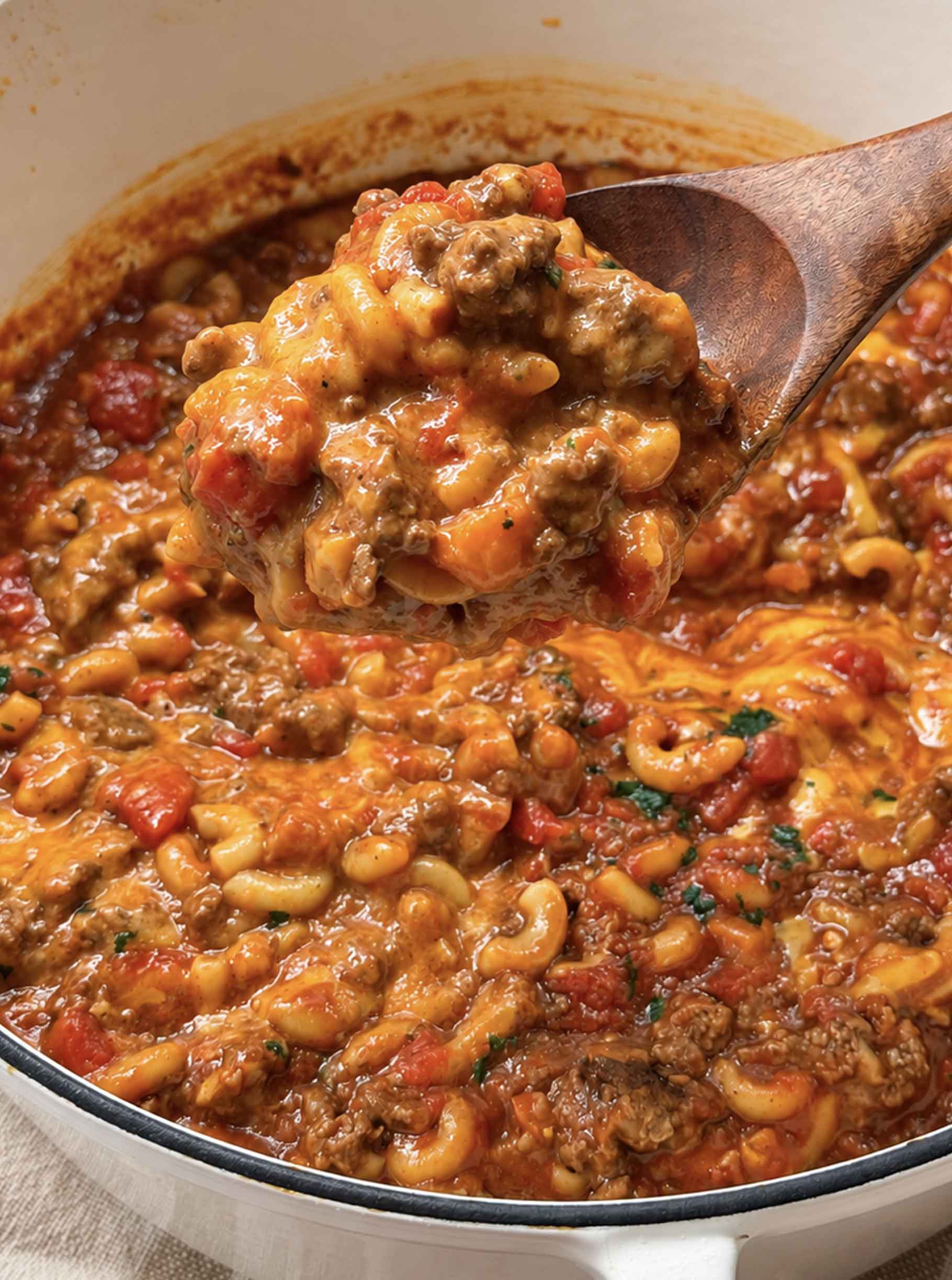 A wooden spoon lifting a cheesy spoonful of venison goulash with macaroni out of the pot